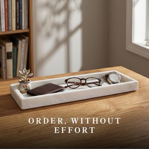 Bey-Berk Atticus Marble Bath Tray (White), 14.25" x 3.75" x 4", Genuine Stone Vanity Organizer