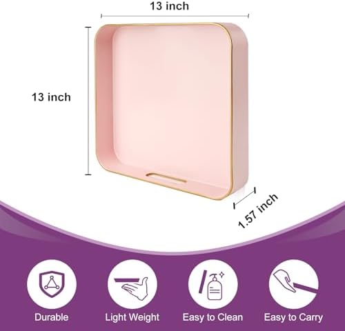 Gifturbo Pink Square Decorative Tray,Serving Tray with Handles with Gold Trimming Plastic Coffee Table Tray for Ottoman,