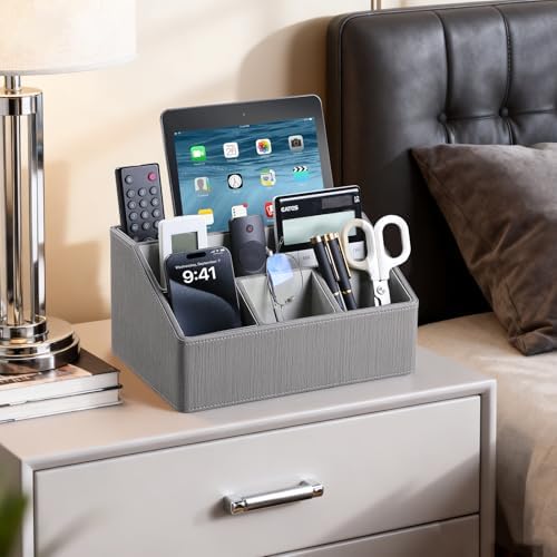 PU Leather Desk Organizer, Remote Control Holder, Grey