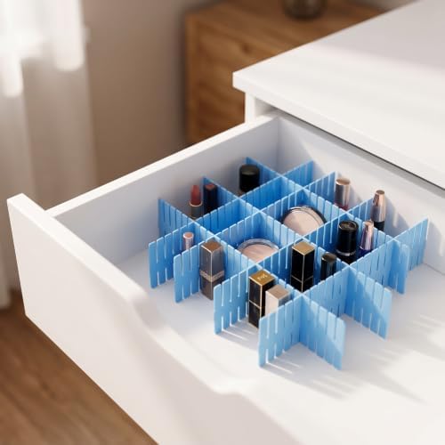JOIKIT 60 PCS Blue Plastic DIY Grid Drawer Dividers, Adjustable Organizer, Household Storage Makeup Socks Underwear Orga