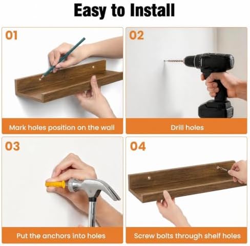 24inch Long Floating Shelves for Wall Decor, 3-Set Shelves with Lip, Brown