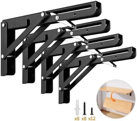 Yarssihha 8 Inch Folding Shelf Bracket, 4 Pack Heavy Duty Wall Mounted Foldable Brackets, Space-Saving Metal Collapsible