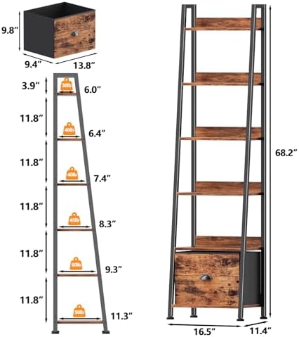 Furologee Bookshelf Set of 2, 6 Tier Ladder Shelf with Drawer