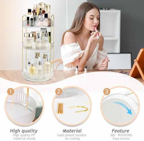 Rotating Makeup Organizer for Vanity, 9" D x 19" H, 3-Tier (White)