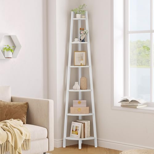 Hoctieon Corner Shelf, 6-Tier Corner Bookshelf, Rustic Ladder Shelf, Industrial Display Stand for Living Room, Kitchen, 