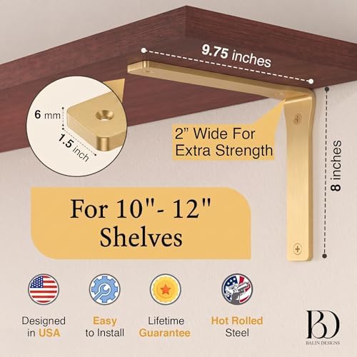 4 Pack Heavy Duty Brass Shelf Brackets 10 Inch by Balin Designs – Decorative L Bracket for Shelves, Metal Shelf Support 