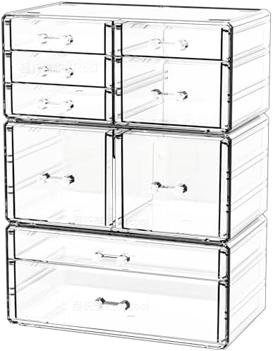 Cq acrylic Clear Stackable Storage Drawers,Plastic Makeup Organizer and Bathroom Storage Bins WIth 9 Drawers For Make up