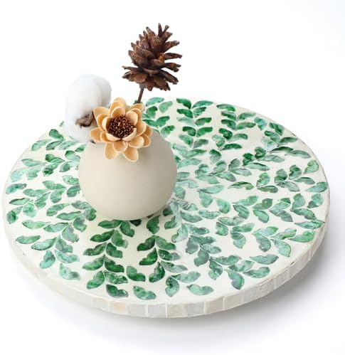 Reallnaive Mother of Pearl Lazy Susan, Round, Green Grass