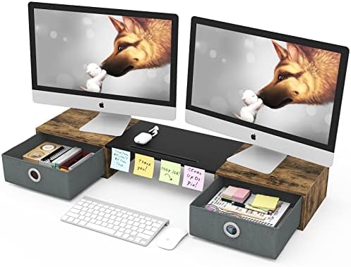 WESTREE Dual Monitor Stand Riser with Two Drawers, Extra Large Storage Monitor Stand for 2 Monitors, Desktop Organizer S