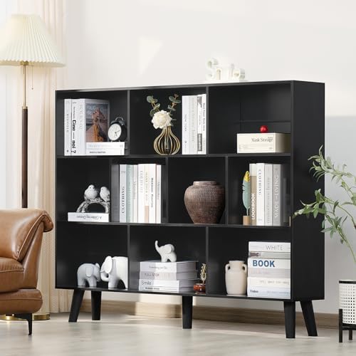 YAHARBO 10 Cube Large Bookshelf,3 Tier Bookcase with Legs,Black Mid-Century Modern Bookshelves,Wide Free Standing Open S