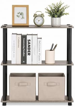 Furinno Turn-N-Tube Toolless Assembly Storage Shelves, 3-Tier Grey Book Shelf, Open Storage Bookshelf, for Organization 