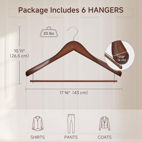 StorageWorks 6 Pack Wooden Hangers, Extra Wide Shoulder Wood Hangers with Locking Bar for Suit, Shirt, Coat, Pants, Walnut Color