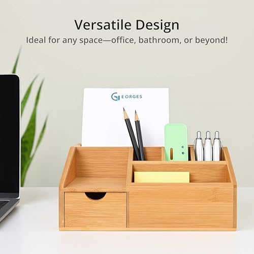 FLYGRUBS Thingles Bamboo Desk Organizer, Wood Pen Holder with Drawer, Storage Box, Pencil Box, Desk Tray for Office, Home Office - Wood Desk Organizer