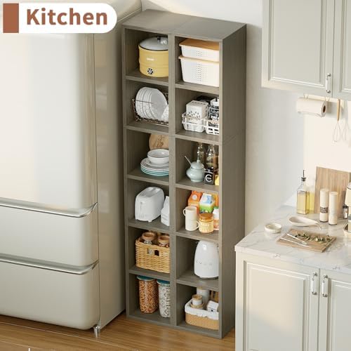ALISENED 68.5" Tall Narrow Bookshelf, 6 Shelf Wooden Corner Bookcase, Modern Skinny Cubes Storage Organizer Display Shel