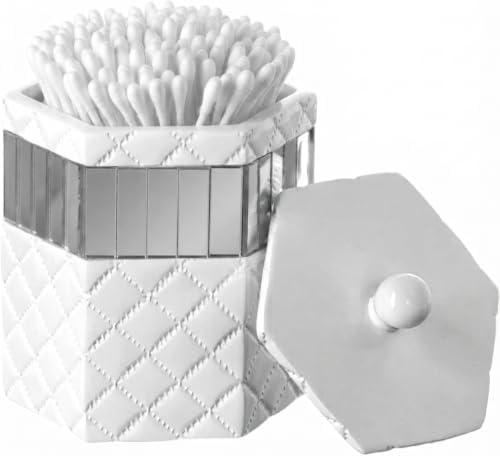 Creative Scents Quilted Mirror Q-Tip Holder, Decorative Bathroom Vanity Cotton Swab Holder Canister Jar with Lid for Cot
