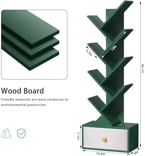SHEEPAM 8-Tier Tree Bookshelf Floor Standing Storage Bookcase with Drawer