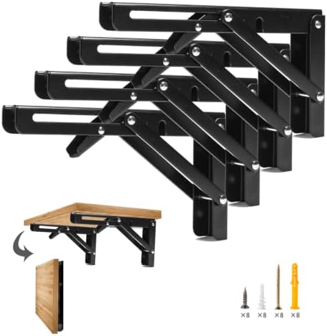 Folding Shelf Brackets, 8 Inch 4 Pcs Heavy Duty Wall Mounted Collapsible Triangle Shelf Bracket for Folding Wall Table, 