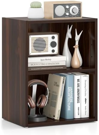 2 Cube Shelf, Wood Cubby Storage Organizer, 2 Shelf Bookcase with Adjustable Shelf, 21" Low Shelves, Small Bookshelf for