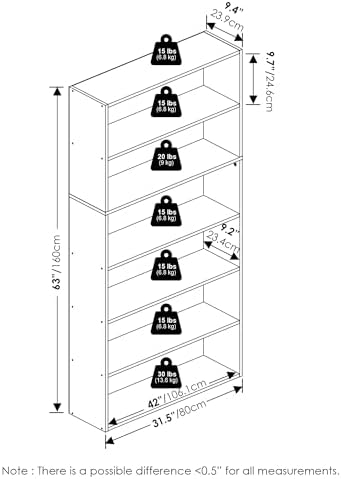 Furinno PASIR Book Shelf, 6-Tier Bookshelf with Open Storage Shelf, Standing Bookcase, 9.4 x 31.5 x 63, Easy Assembly, f