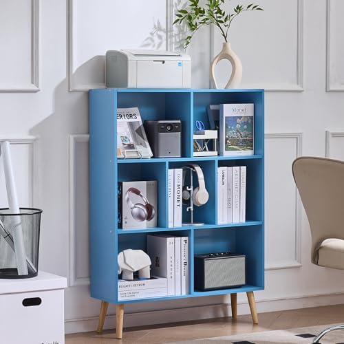 LEYAOYAO Cube Bookshelf, Mid-Century Modern Book Shelf with Legs, Blue