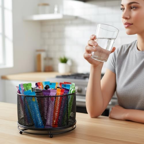 Drink Packet Organizer, 4-Compartment Metal Lazy Susan Turntable for Powdered Drink Mix and Water Flavor Packets, Black