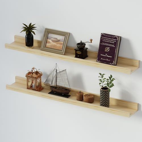 SAUMONIERES Picture Ledge Shelf Floating Book Shelves Set of 2 Wall Mounted Solid Wood for Bedroom Bathroom Living Room 