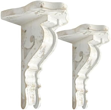 BIG FORTUNE Set of 2 Corbels for Shelves Wood Corbels Decorative Shelf Brackets Wooden Vintage Shelf Farmhouse Decor Whi