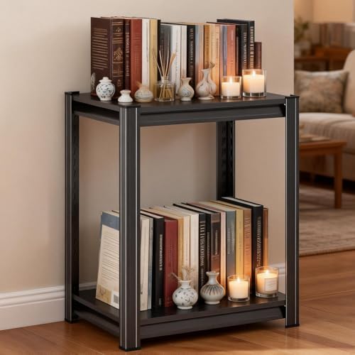 2-Tier Metal Bookshelf, Modern Industrial Bookcase, Adjustable Book Shelf, Heavy Duty Storage Shelf for Books & Display,