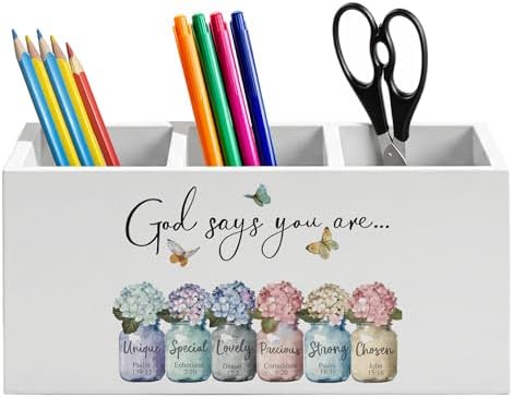 God Says You Are Hydrangea Christian Pen Holder for Home Office Desk, Christian Gifts for Women, Inspirational Flower Bible Verse Wooden Box Sign Pencil Holder for Desk Shelf Organizer