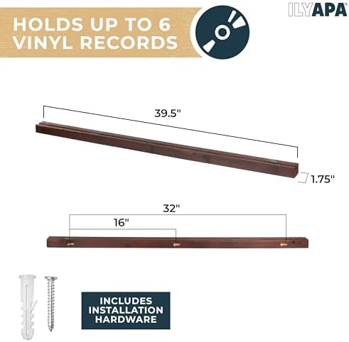 Ilyapa Vinyl Wall Mount Record Shelf - 39.5in, Holds 6 Records, Espresso