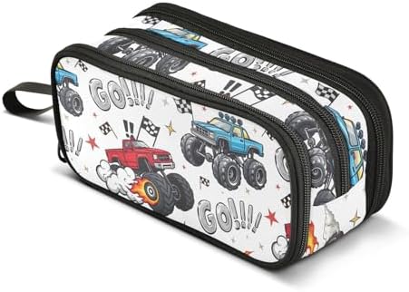 Truck Racing Car Flag Pencil Case Box Boys Girls Large Pencil Pouch Zipper Compartments Big Capacity Stationery Pen Bag Organizer for Kids Teens Adults School Office