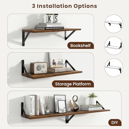 Axeman 20 Inch Floating Shelves, 8 Inch Deep Brown Wall Shelves Set of 2