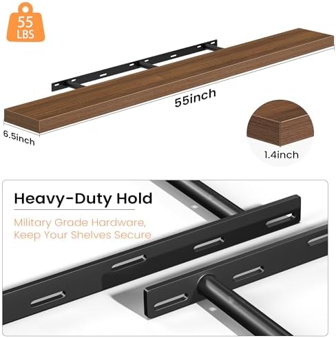 Fun Memories Floating Shelves for Wall 55 Inch, Set of 2 – Wall-Mounted Storage & Display Shelf with Invisible Bracket, 