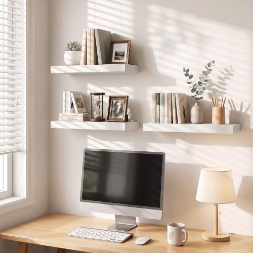 White Floating Shelves for Wall, 20"L Bathroom Shelf, 8" Deep Wall Shelf