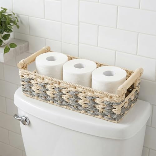 JJSQ Storage Baskets for Organizing with Handles Paper Rope Woven Storage Basket for Shelves Decorative Storage Bins for