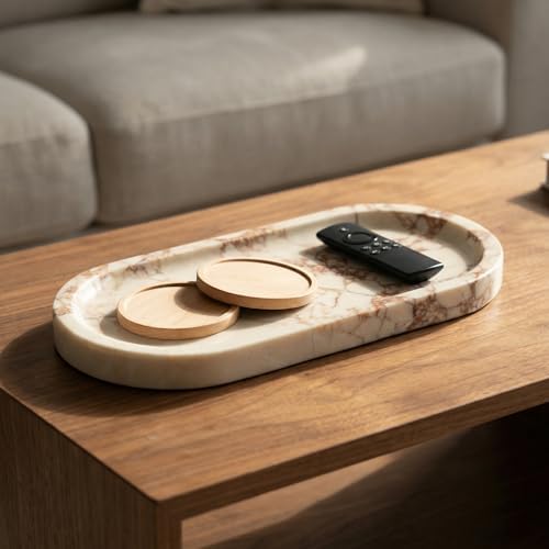 OOBOOB Oval Natural Marble Bathroom Tray for Decor Countertop, Marble Vanity Tray for Candles Perfume, Jewelry, Cosmetic