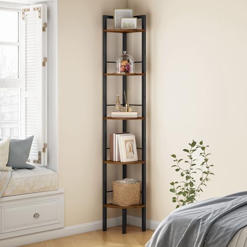 Tajsoon Corner Shelf Stand 5 Tier 60.5" with Metal Frame, Rustic Brown