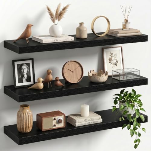 30" Floating Shelves for Wall, Set of 3, 8" Deep, 1.5" Thick, Black