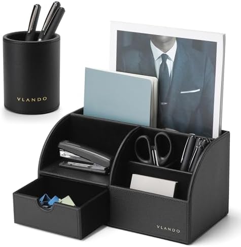 VLANDO 2 Pcs PU Leather Desk Caddy Set with Drawer,Pen Holder