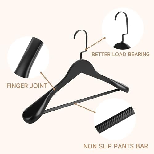 Wooden Suit Hangers with Non Slip Pants Bar, Black, 6-Pack, 17.5"
