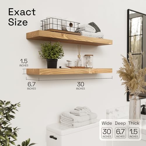 Natural Wood Floating Shelves for Wall 30 Inches Long, Oak Wooden Shelf