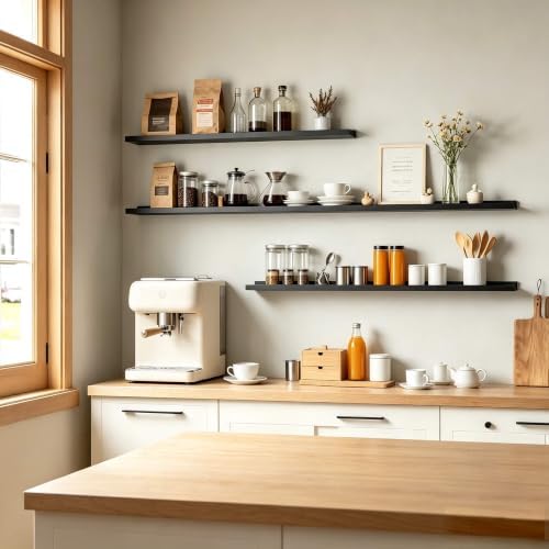 Black Floating Shelves for Wall Decor, 56 in Shelf with Lip Set of 2