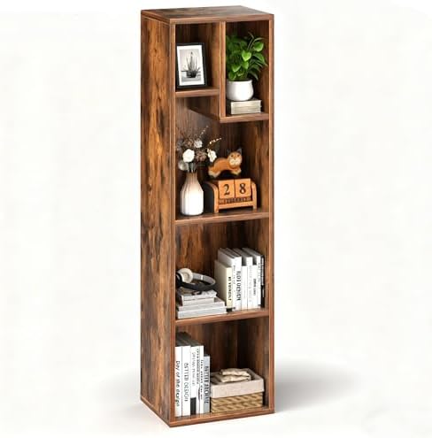 VECELO 4-Tier Bookcase, Modern Storage Cabinet with Height Difference Shelves for Standard Textbooks, 5 Cubes, Vertical 