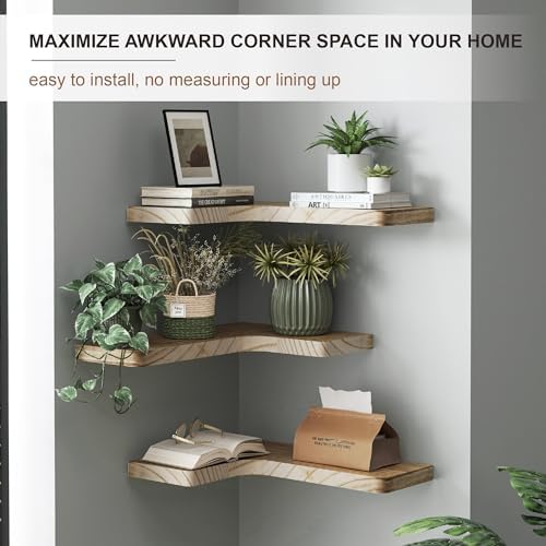 fuqing Floating Corner Shelves, Wall Shelf Set of 3, Shelves for Wall Storage, Solid Wood Shelves for Storage, Wall Moun
