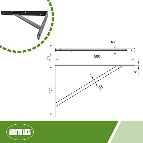 Amig - Support for Wall Shelves | Bracket for Shelves | Angle for Shelves | Steel | Black | Dimensions: 600 x 375 mm | M