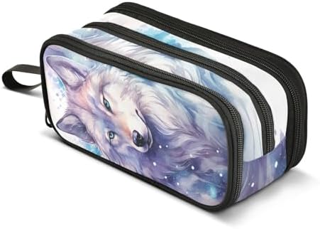 Wolf Watercolor Pencil Case Box Boys Girls Large Pencil Pouch Zipper Compartments Big Capacity Stationery Pen Bag Organizer for Kids Teens Adults School Office