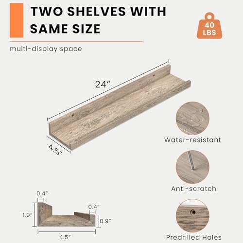 Heimlove Picture Ledge Shelf, Floating Shelves Set of 2, 23.62Inches Picture Shelf for Wall with Ledge, Kids Bookshelf Wall Mounted for Living Room Bedroom Decor Books Photo Frames - Gray