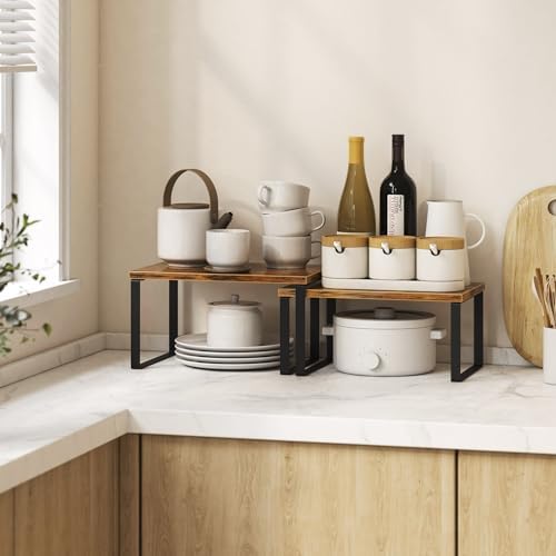 Kitchen Cabinet Organizer Shelf Set of 4, Sturdy Kitchen Counter Shelves with Metal Legs, Stackable Expandable Wood Spic