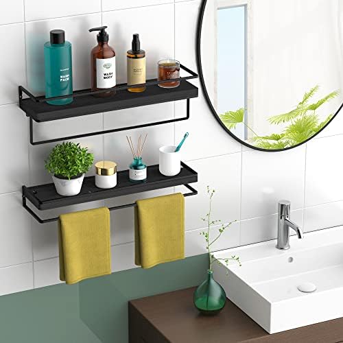 Meangood Floating Shelves Wall Mounted Set of 2, Wall Shelf with Towel Bar Rustic Wood Wall Storage Shelves for Bedroom,