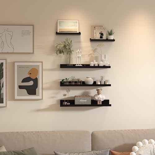 Giftgarden 24 Inch Wall Mounted Floating Shelves Set of 5, Black Wood Wall Shelves for Bathroom, Bedroom, Kitchen, Livin